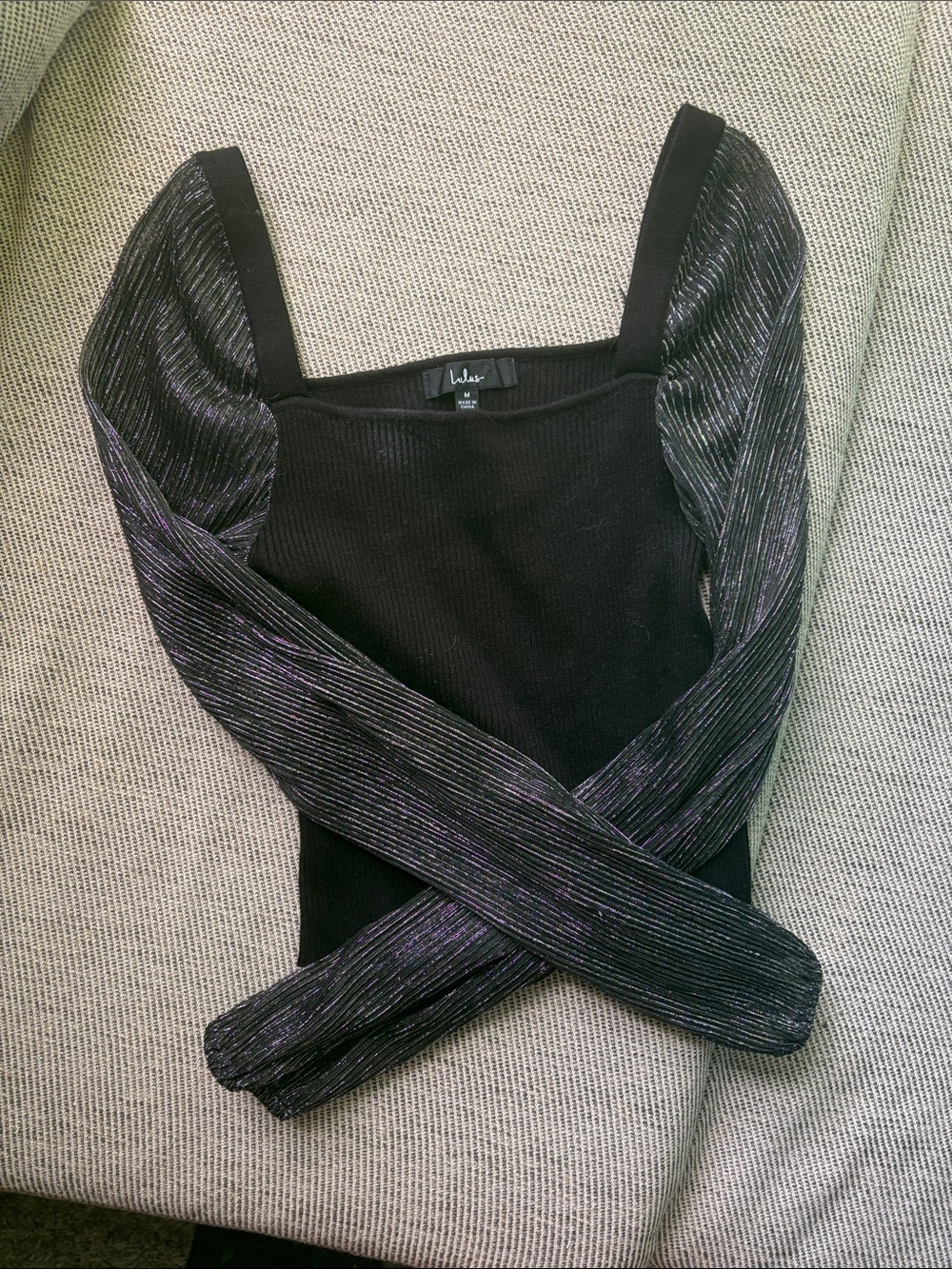 Lulu's Black Ribbed Tank with Shimmery Long Puff Sleeves
